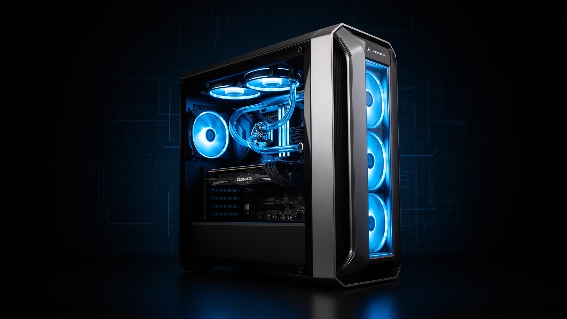 PC gamer high-end com iluminação RGB azul